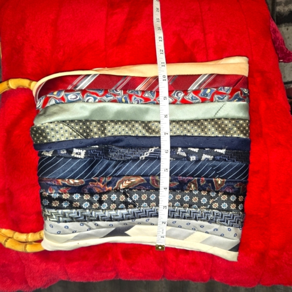 a. Neck Tie Patchwork Upcyled Handbag w/ Bamboo Hoop Handles BOHO BADU FABULOUS - Picture 11 of 15